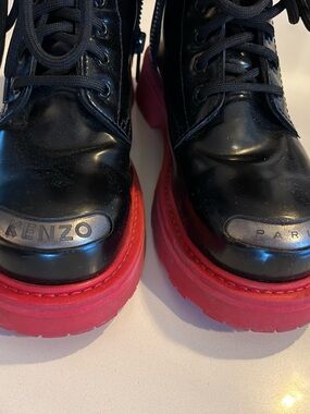 Kenzo Black Patent Lace-Up Ankle Boots with Red Platform Soles